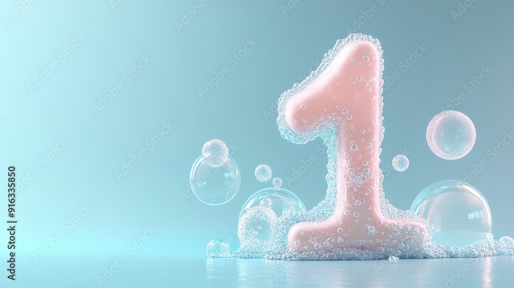 Poster illuminated number 1 with cosmetics and water on gradient background