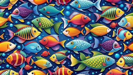 Fototapeta premium Seamless pattern featuring colorful fishes swimming in a repeat design, marine life, underwater, ocean, aquatic, pattern
