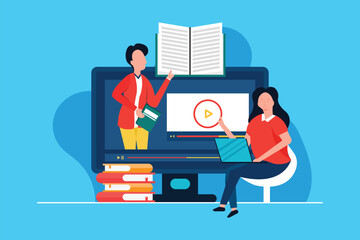 Online topic course, distance web learning, group video call, webcam laptop screen, educational webinar concept.