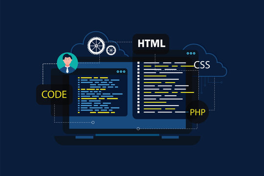 Software, web development, programming concept. Abstract Programming language and program code on screen laptop