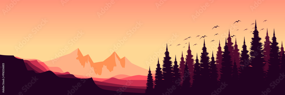 Poster outdoor landscape mountain scenery vector illustration good for wallpaper, background template, backdrop design, and design template