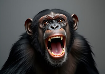 portrait a chimpanzee primate laughing broadly on a gray background