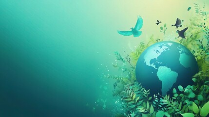 Obraz premium A World of Hope: A vibrant, abstract illustration of the Earth surrounded by lush green foliage and soaring birds, symbolizing environmentalism, sustainability, and a hopeful future. 