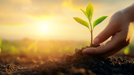 Hand gently planting a green sprout in rich soil under a vibrant sunrise, symbolizing growth and new beginnings.
