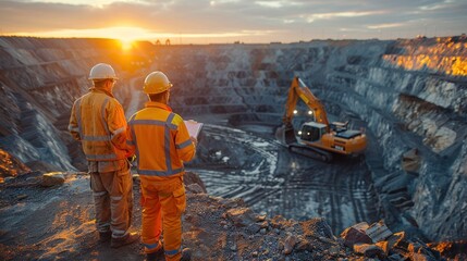 Two workers in uniforms and safety helmets stand in an open pit mine with an excavator on the horizon, holding documents as they look in golden hour lighting