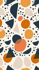 Fototapeta premium A vibrant pattern showcases orange, beige, and blue shapes on a light backdrop, creating an artistic design