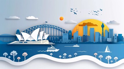 Panoramic view of Sydney city skyline with world famous landmarks in paper cut style vector illustration