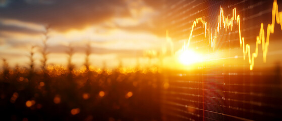 A sunset backdrop showcases a dynamic financial chart, merging nature with data visualization in a vivid display.