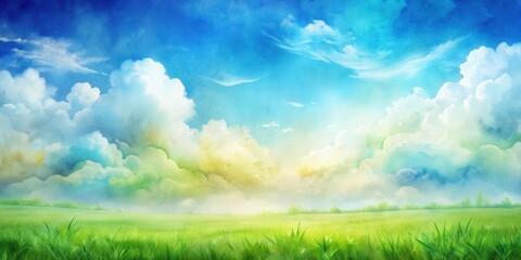 Fototapeta premium Watercolor sky with clouds and green grass abstract landscape, watercolor, sky, clouds, green grass, abstract, landscape