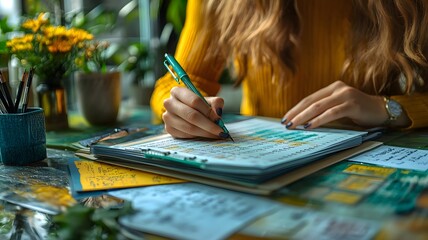 Organized workspace with an individual planning their weekly schedule, using a calendar and planner, high resolution