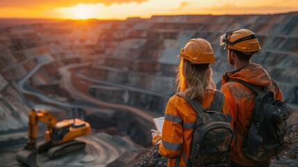 Two workers in uniforms and safety helmets stand in an open pit mine with an excavator on the horizon, holding documents as they look in golden hour lighting