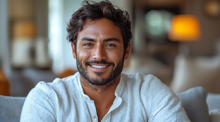 Obraz premium Young indian man sitting on sofa at home and looking at mobile phone screen and happy with success and received message, showing hand yes 