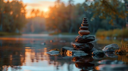Obraz premium Stacked Stones at Sunset Reflection.