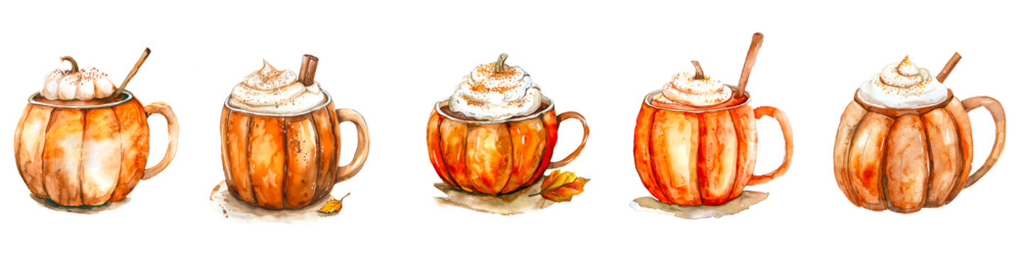 Set of pumpkin spice latte with whipped cream isolated on transparent background