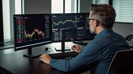 A professional financial photo of an adult man sitting at his desk, using multiple monitors to monitor the stock market and growing money on trading platform.