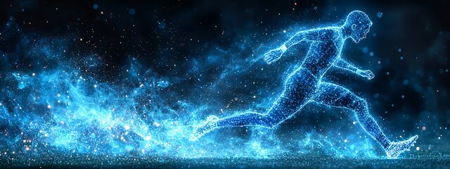  Blue digital soccer player with glowing data, artificial intelligence into athlete performance analysis and training, enhancing player skills, strategy, and overall team performance design 