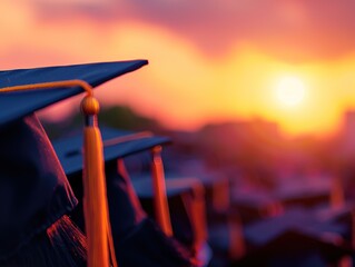 Energetic Graduates Celebrating Homecoming at Sunset, Capturing the Spirit of Youth and Achievement. Education and Success Themes for Business Advertising, Website Design, and Poster Covers.