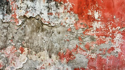 Cracked and Peeling Red, White, and Gray Paint on a Wall