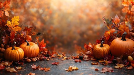 High-resolution Thanksgiving banner with pumpkins and colorful fall leaves, set on a horizontal vector background