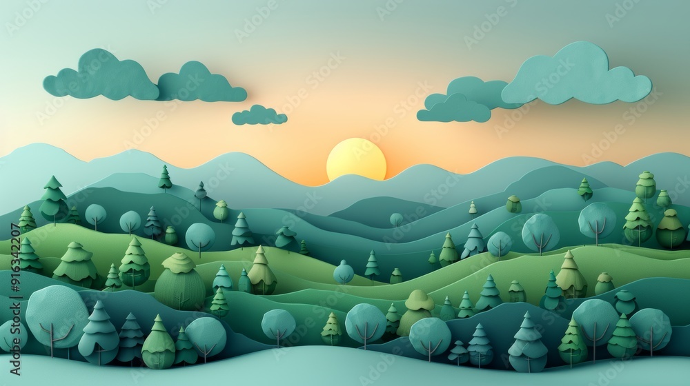 Poster a paper drawing of a forest with trees and mountains in the background