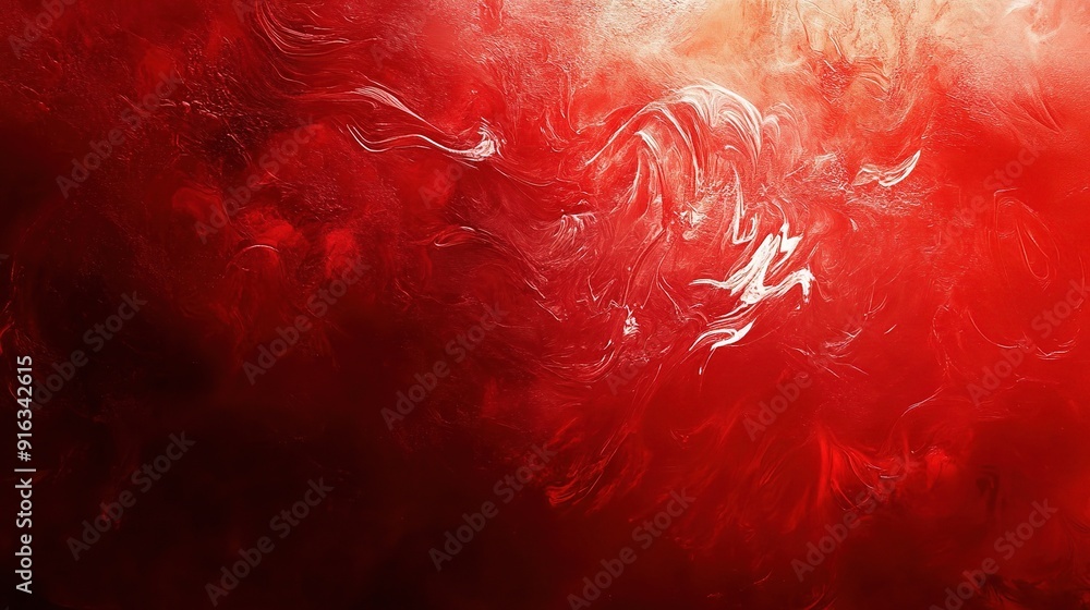 Poster Crimson Chaos: Abstract swirls of red and white ink dance across a canvas, creating a mesmerizing display of color and movement. 