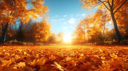 Fototapeta premium Happy Thanksgiving header showcasing a panoramic fall scene with golden leaves, sunlight, and a clear blue sky