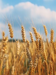 Fototapeta premium Golden Wheat Field Under Blue Sky: Nature's Bounty and Agriculture