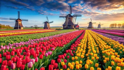 Vibrant tulip fields in full bloom with traditional windmills in the background, Netherlands, tulips, flowers, spring