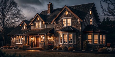 A large house with a stone exterior and a large front porch