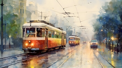 trams watercolor style