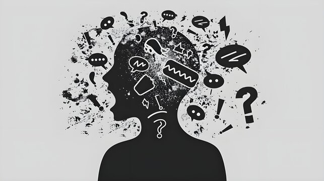 recommend clip art: head filled with speech bubbles, exclamation marks and question marks, silhouette vector illustration of mental health concepts, anxiety, overthinking, grey background