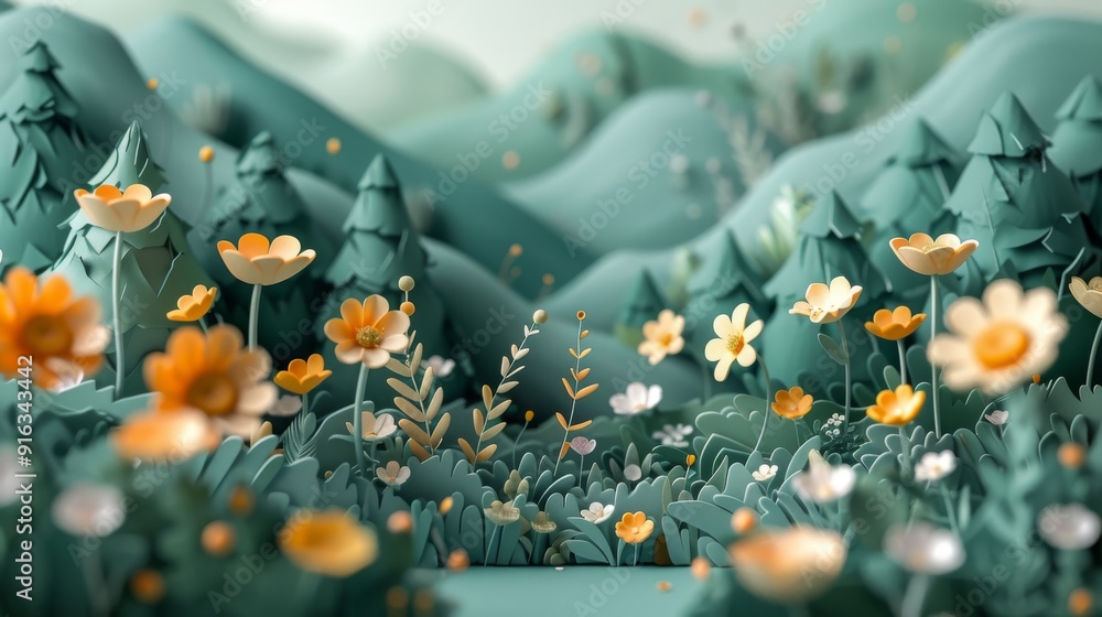 Poster a paper drawing of a field of flowers with trees in the background