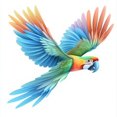Obraz premium Colorful parrot with vibrant feathers in flight on white background showcasing its wingspan and natural beauty.