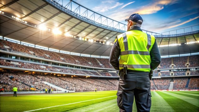 Sports stadium security guard keeping watch during event, security, guard, stadium, sports, event, safety