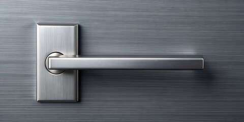 Sleek modern silver door handle on a minimal gray plate, door, handle, modern, silver, sleek, minimal