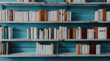 Fototapeta premium 6. An image of a bookshelf focusing on a section with books about white poverty, health, and education, with a visible dust layer, indicating long-term neglect.