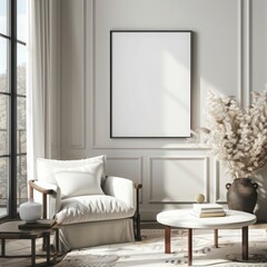 Blank Wall Art Frame Mockup in New House Living Room, Coastal Pier Views.