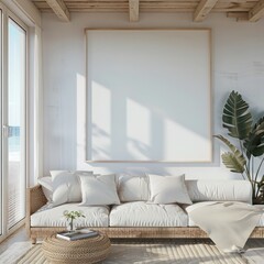 Coastal Living Room Mockup: Blank Wall Art Frame in New House by the Sea Pier.