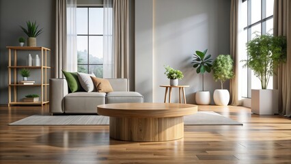 Wooden podium standing on a table in a modern living room interior, wooden, podium, table, living room, interior