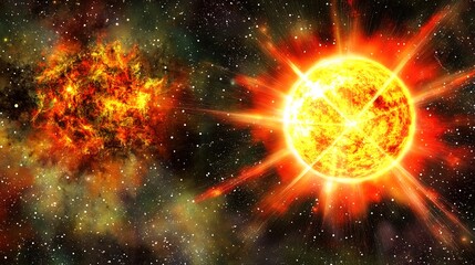 Realistic Depiction of the Sun with Detailed Surface and Fiery Solar Flares