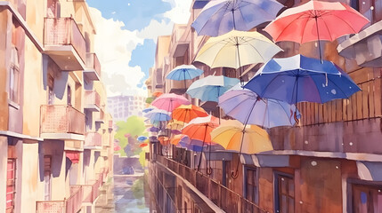 Umbrellas building street watercolor style