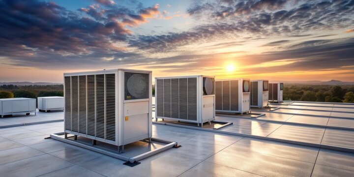 Sleek modern air conditioning units on a rooftop with soft morning light, rooftop, air conditioner, modern, sleek, technology
