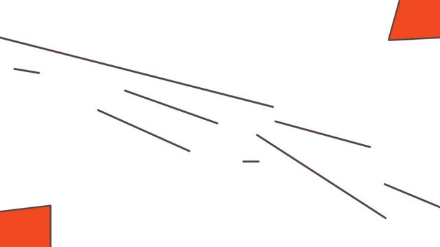 Red sharp figures stick out from the corners of the image. At the same time, lines cross the canvas diagonally.
