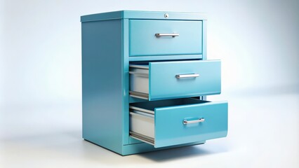 A light blue metal file cabinet with three drawers, the bottom drawer is open, office, organization, storage, filing