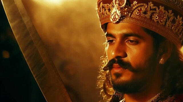 A fierce Rajput warrior with piercing eyes stands tall adorned in a regal turban and wielding a sword.