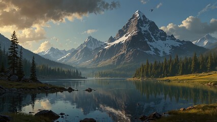  a painting of a mountain lake with a mountain in the_background generate ai