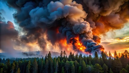 Dark smoke billowing from a forest fire at dusk , forest, fire, smoke, dark, dusk, dangerous, nature, disaster, environment