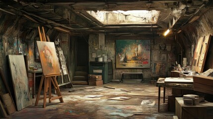 Obraz premium A messy art studio with an easel, paint, canvas, and a window in the ceiling.