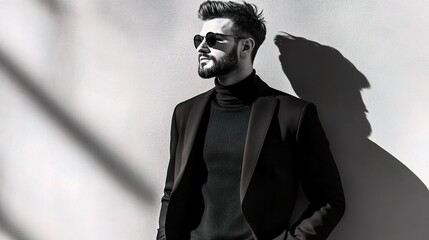 Modern Man in Black and White: A stylish young man in a black turtleneck and blazer stands against a white wall, casting a long shadow, creating a dramatic and minimalist portrait in monochrome. 