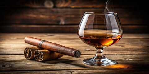 A sophisticated image of a cognac glass and cigar on a wooden table , luxury, lifestyle, elegance, drink, smoke